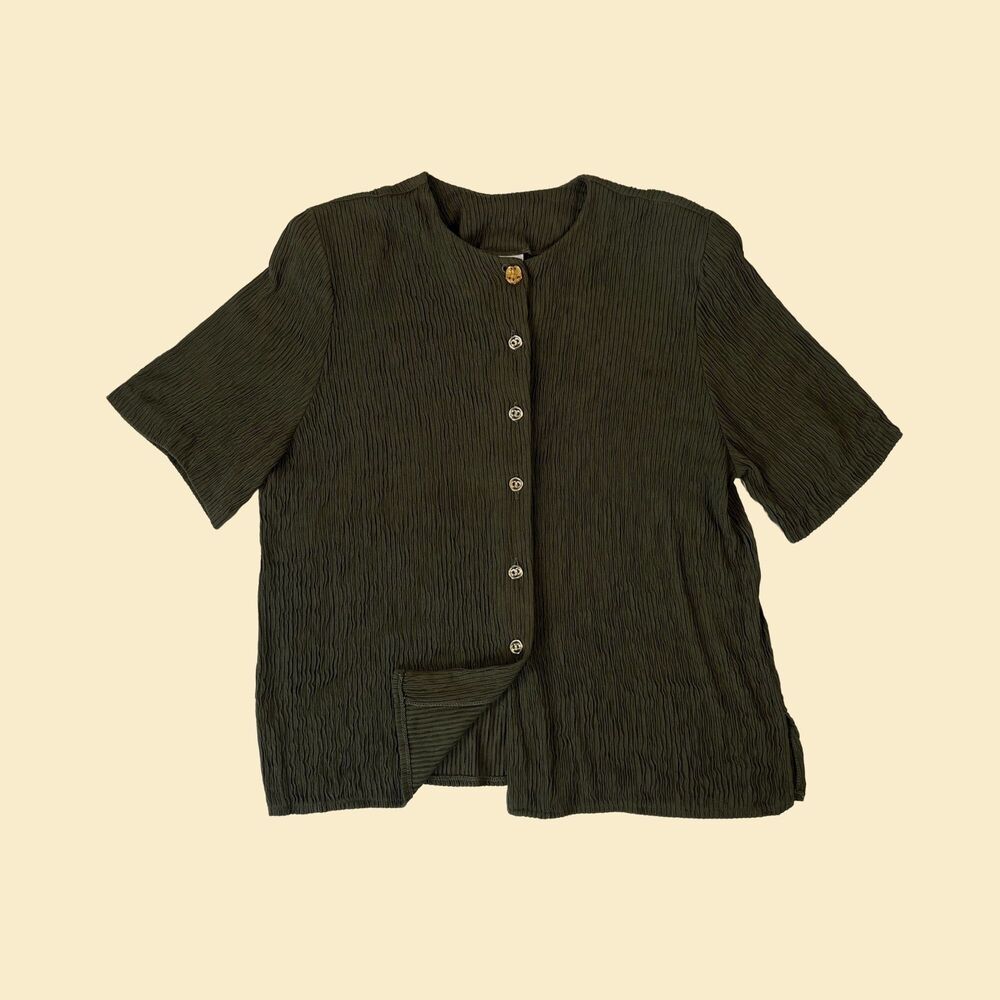 Vintage 80s dark green blouse by Lauren Lee, size 18 crinkly button down top